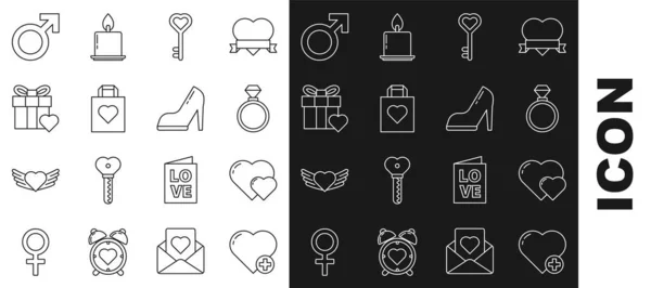 Set line Heart, Wedding rings, Key heart shape, Shopping bag with, Gift box and, Male gender symbol and Woman shoe high heel icon. Vector — Stock vektor