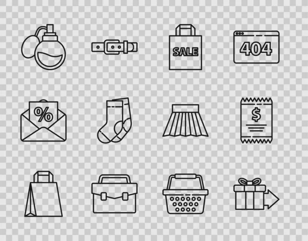 Set line Paper shopping bag, Gift box, Shoping with Sale, Briefcase, Perfume, Socks, Shopping basket and check and financial check icon. Vector —  Vetores de Stock