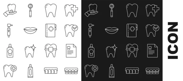 Réglez la ligne Dents avec bretelles, Presse-papiers carte dentaire, concept de blanchiment des dents, lèvres souriantes, perceuse et icône. Vecteur — Image vectorielle