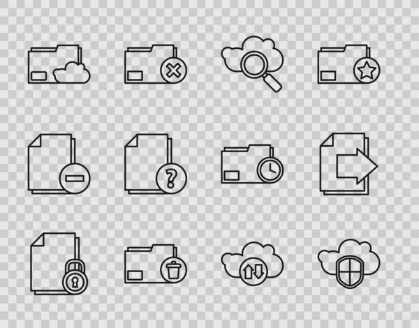 Définir la ligne Document et verrouillage, Cloud shield, Recherche cloud computing, Supprimer le dossier, document texte de stockage, Inconnu, télécharger le téléchargement et l'icône de la flèche de la page suivante. Vecteur — Image vectorielle