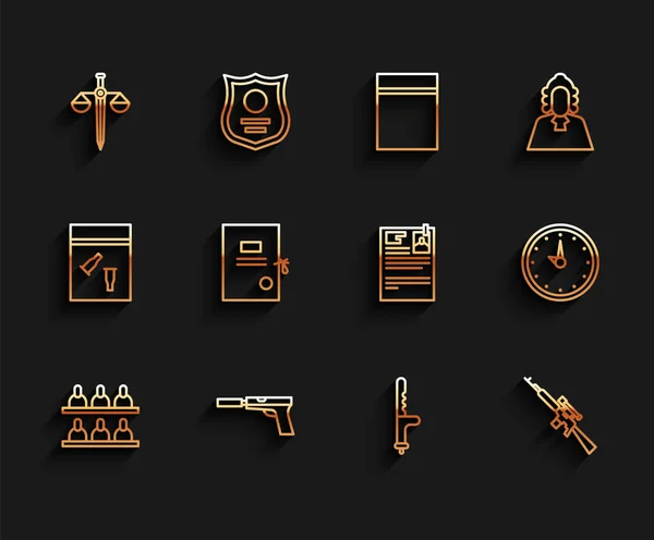 Set line Jurors, Pistol gun with silencer, Scales of justice, Police rubber baton, Sniper rifle scope, Lawsuit paper, Clock and icon. Vector —  Vetores de Stock