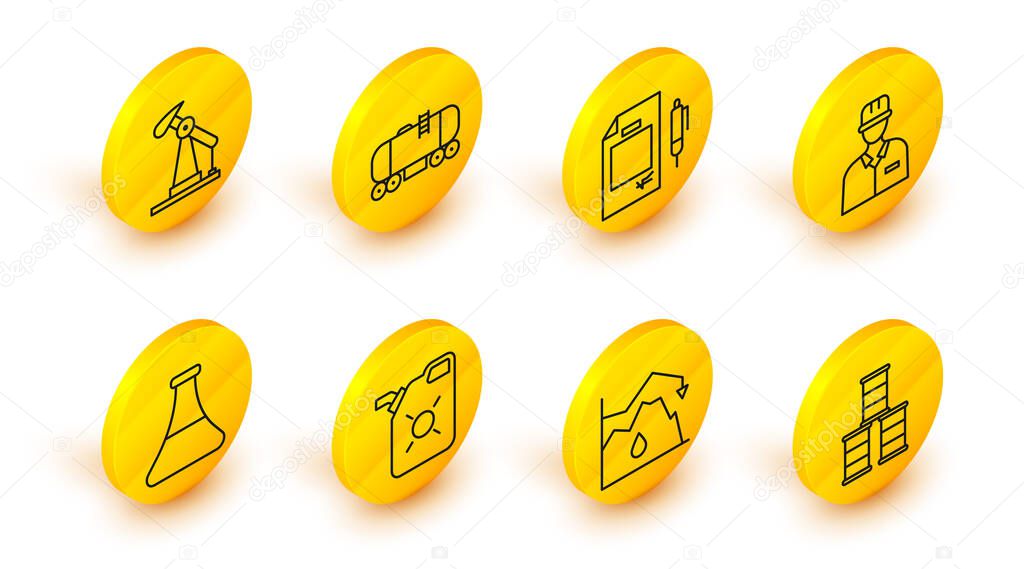 Set line Barrel oil, Drop in crude price, Canister for motor, Oil petrol test tube, Oilman, Contract money and pen, railway cistern and pump pump jack icon. Vector