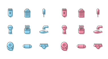 Tuvalet kağıdı rulosu, tıbbi koruyucu maske, elektrikli saç makası ya da traş makinesi kulaklar için iç çamaşırı, pamuklu bez sabunla el yıkama, tıraş fırçası ve çöp tenekesi ikonu. Vektör