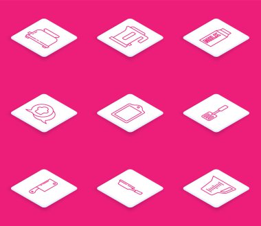 Tost makinesi, elektrikli su ısıtıcısı, süt için kağıt paketi, konuşma balonunda şef şapkası, kesme tahtası, Spatula, et helikopteri ve kızartma tavası ikonu. Vektör