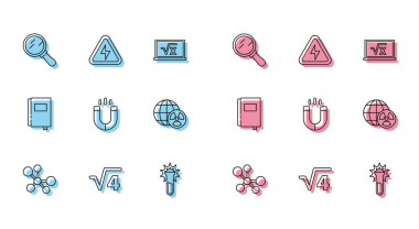 Molekül hattı, 4 glifin kare kökü, büyüteç, tüp ve matara, mıknatıs, dünya radyasyonu, kitap ve yüksek voltaj ikonu. Vektör