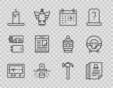 Beat 'i monitörde, Ölüm Sertifikası, Takvim Ölümü, Tabutlu Mezar, Yanan Mum, Ölüm ilanları, Çekiç ve Anma Çelengi ikonu. Vektör