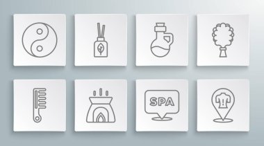 Saç fırçası, Aroma ayırıcı, mum, kaplıca salonu, masaj, özel yağ şişesi, sauna süpürgesi ve Yin Yang ikonu. Vektör