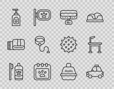 Evcil hayvanlar için diş hijyeni, evcil hayvan taksisi, yakalı yaka, takvim tımarı, şampuan, geri çekilebilir ip tasması, çanta ve simge. Vektör