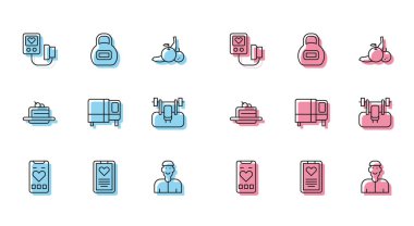 Kalp atış hızı, medikal pano, tansiyon, pozitif düşünce, yatak, Bench Barbel, Cake ve Kettlebell ikonu olan hat hareketini ayarlayın. Vektör