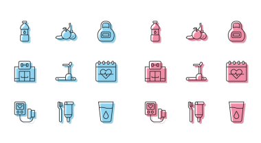 Kan basıncı, diş fırçası ve diş macunu, bir şişe su, cam, koşu bandı, kalp atışı, spor salonu ve meyve ikonu ayarlayın. Vektör