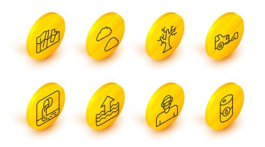 Safra yağı, koruyucu maskeli surat, yükselen su seviyesi, atık su, araba egzozu, solmuş ağaç, Bulut ve Buzul eritme ikonu. Vektör