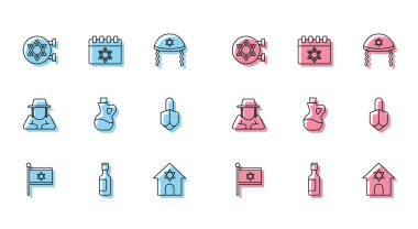 İsrail bayrağı, Yahudi şarap şişesi, sinagog, zeytin yağı, Hanuka dreidel, Ortodoks Yahudi şapkası ve takvim ikonu. Vektör