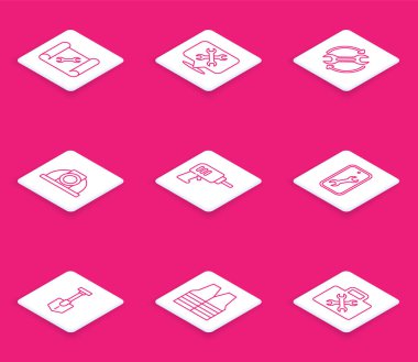 Çizgi çizelge kağıdı ve anahtarı, konumu iş akışı olarak İngiliz oklarını, işçi kaskını, elektrikli matkap makinesini, mobil servisi, Kürek ve Güvenlik yelek ikonunu ayarla. Vektör