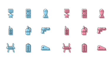 Dikenli tel, askeri rütbe, ödül madalyası, bere, el bombası, tabanca, telsiz ve dinamit saat ikonu. Vektör