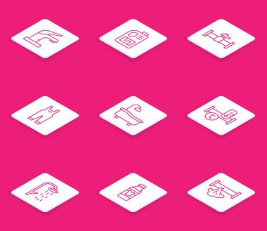 Hattı su musluğu, lavabo açıcı şişesi, endüstriyel boru ve valf, iş tulumu, metal küvet, duş ve şişe temizleme maddesi ikonu. Vektör