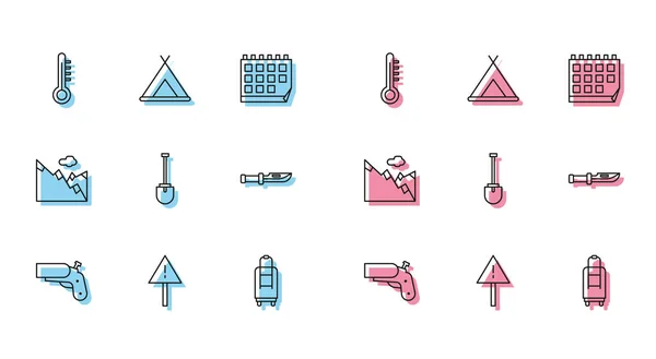 Set line Flare gun pistol, Exclamation mark in triangle, Meteorology thermometer, Suitcase, Shovel, Camping knife, Mountains and Tourist tent icon. Vector — Stock Vector