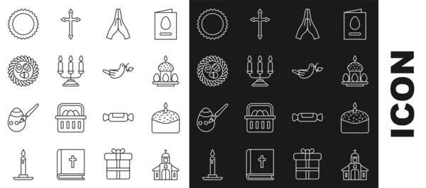 Set line Church building, Easter cake and candle, eggs, Hands praying position, Candelabrum with candlesticks, wicker nest, Sun and Peace dove olive branch icon. Vector — стоковый вектор