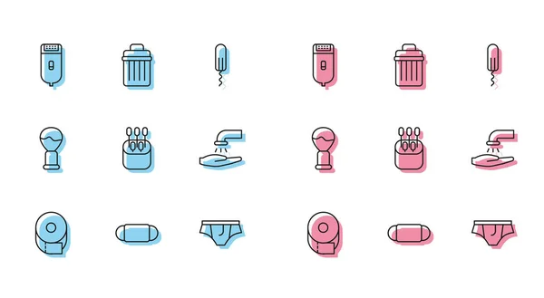 Set line Toilet paper roll, Medical protective mask, Electrical hair clipper or shaver, Underwear, Cotton swab for ears, Washing hands with soap, Shaving brush and Trash can icon. Vector — стоковый вектор