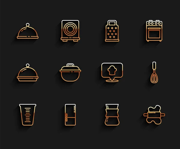 Set line Measuring cup, Refrigerator, Covered with tray of food, Coffee turk, Rolling pin on dough, Cooking pot, Kitchen whisk and Chef hat location icon. Vector — Stock vektor