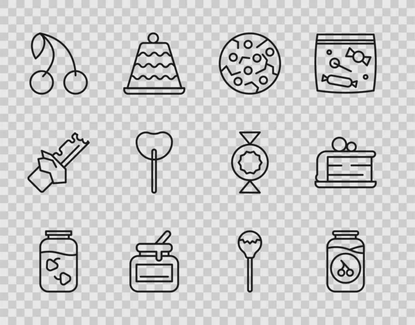 Set line Strawberry jam jar, Cherry, Cookie or biscuit, Jar of honey, Lollipop, and Piece cake icon. Vector — 图库矢量图片