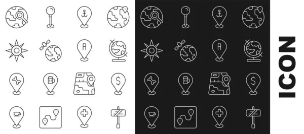Set line Road traffic sign, Cash location, Earth globe, Location with anchor, Satellites orbiting the planet, Wind rose, Magnifying glass and icon. Vector — 图库矢量图片