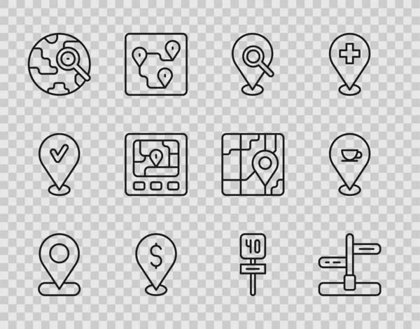 Set line Location, Road traffic sign, Search location, Cash, Magnifying glass with globe, Gps device map, and coffee cup icon. Vector — Vettoriale Stock