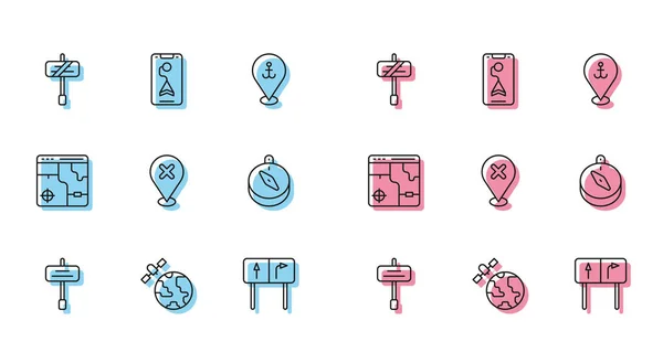 Définir la ligne Panneau de signalisation routière, Satellites en orbite autour de la planète, Emplacement avec croix, Boussole, Infographie de la carte de la ville et icône de navigation de la ville. Vecteur — Image vectorielle