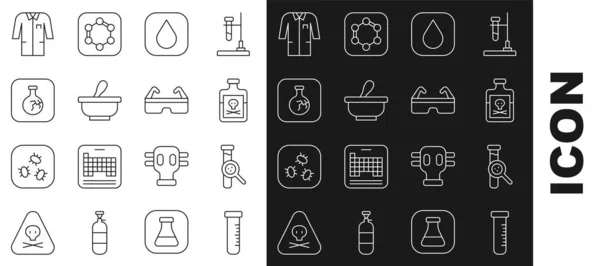 Set line Test tube and flask, Poison in bottle, Water drop, Mortar pestle, Cracked, Laboratory uniform and Safety goggle glasses icon. Vector —  Vetores de Stock