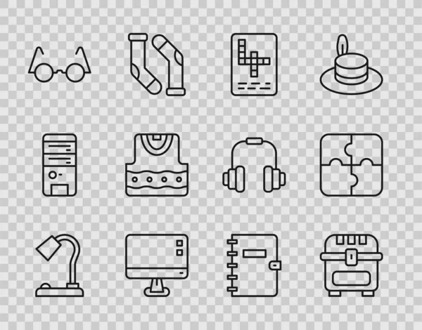 줄 테이블 램프, 앤티크 보물찾기, 크로스 워드, 컴퓨터 모니터 화면 , Eyeglasses, Waistcoe, Spiral notebook, Piece of puzzle icon. Vector — 스톡 벡터