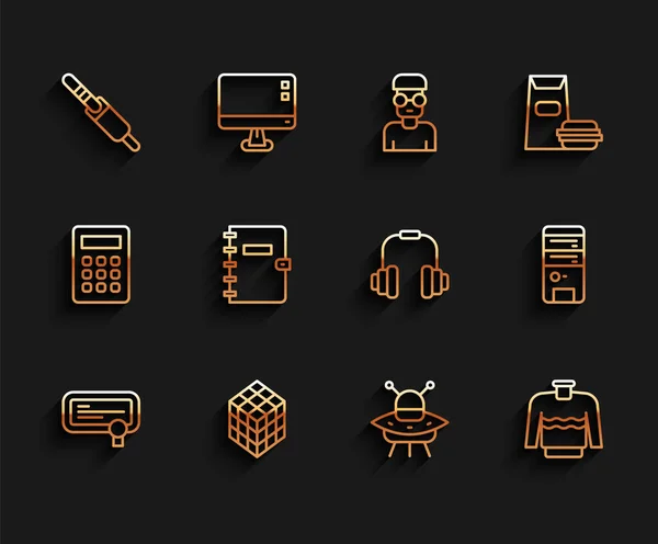 Set line Certificate template, Rubik cube, Audio jack, UFO flying spaceship, Sweater, Spiral notebook, Computer and Headphones icon. Vector — стоковый вектор