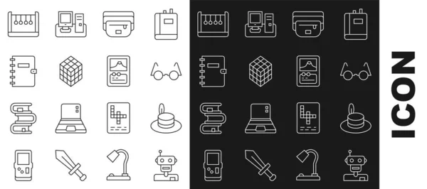 Set line Robot, Man hat, óculos, saco de cintura de banana, cubo Rubik, caderno espiral, pêndulo e ícone de jogo de cartas. Vetor —  Vetores de Stock