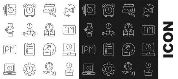 Set line Work time, Monitor, Morning, Calendar search, Time travel, Wrist watch, Daily paper notepad and money icon. Vector — Vettoriale Stock