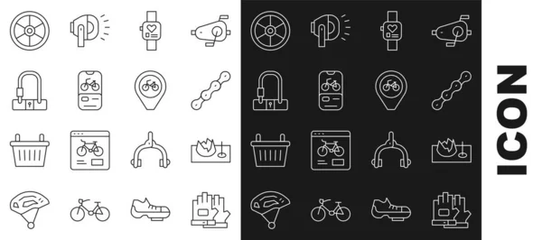 Set line Guantes, Bicicleta en la rampa de la calle, cadena, reloj inteligente, aplicación móvil de alquiler, bloqueo, rueda y ubicación con el icono de la bicicleta. Vector — Archivo Imágenes Vectoriales