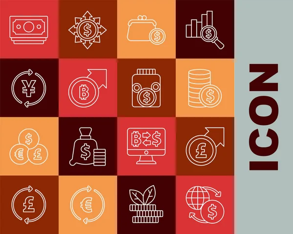 Set line Money exchange, Financial growth and pound, Coin money with dollar, Wallet coins, bitcoin, Yen, Stacks paper cash and Glass jar icon. Vector — Vettoriale Stock