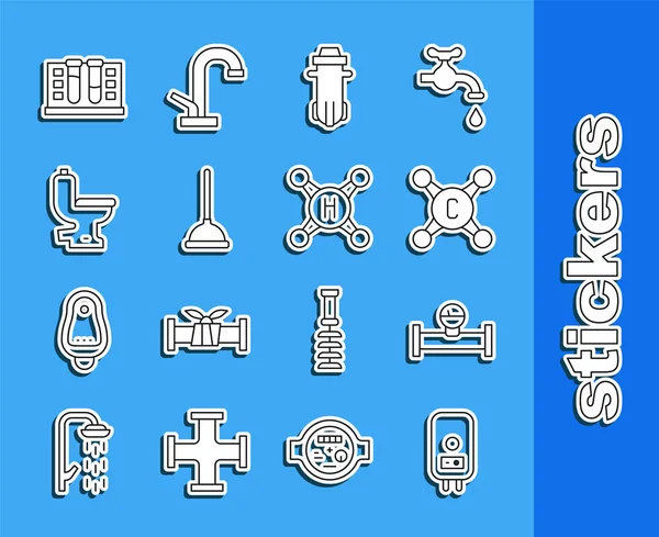 Set line Elektro-Boiler, Industrie-Rohr und Manometer, Wasserhahn, Filter, Gummikolben, Toilettenschüssel, Reagenzglas mit Wassertropfen und Symbol. Vektor — Stockvektor