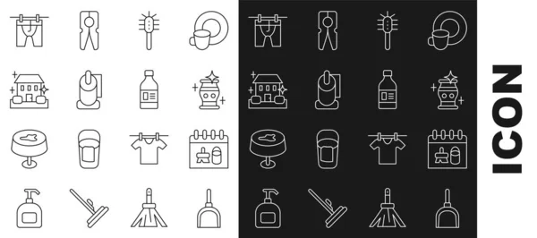 Set line Dustpan, Cleaning calendar, vase, Toilet brush, paper roll, Home cleaning service, Drying clothes and Bottle for agent icon. Vector — 图库矢量图片