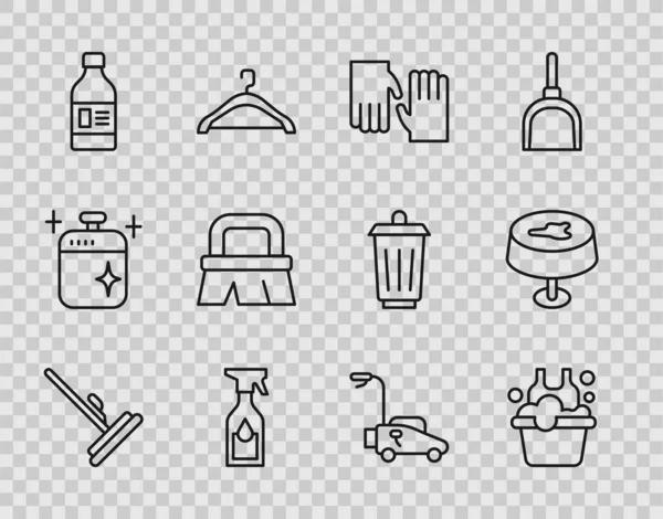 Set line Mop, Basin with soap suds, Rubber gloves, Cleaning spray bottle, Bottle for cleaning agent, Brush, Lawn mower and Stain on the tablecloth icon. Vector — Vettoriale Stock