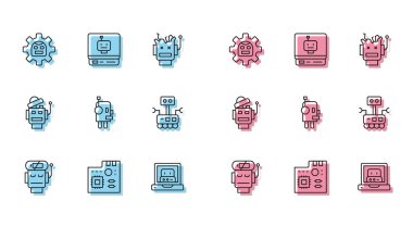 Robot düşük batarya şarjı, ana kart dijital çip, robot ve simge oluşturuluyor. Vektör
