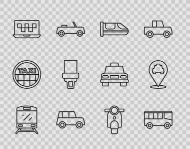 Tren, otobüs, yüksek hızlı tren, araba, dizüstü bilgisayar, taksi servisi, emniyet kemeri, Scooter ve ikonlu konum. Vektör