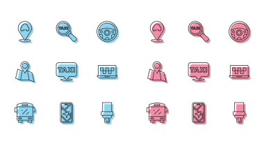 Otobüs hattı, şehir haritası navigasyon, taksi, emniyet kemeri, dizüstü bilgisayar çağrı servisi, katlanmış konum ve büyüteç ve araba ikonu. Vektör