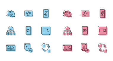 Çevrimdışı görüntülü sohbet konferansı, zaman yönetimi, çevrimiçi çalışma, kamera kapalı, kamera ve dizüstü bilgisayar simgesi. Vektör