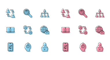 Dilsiz mikrofonu cep telefonuna, Freelancer 'a, Proje ekibi üssüne, çevrim içi çalışmaya, görüntülü sohbet konferansına ve evrak çantası ikonlu büyüteçlere ayarlayın. Vektör