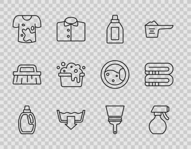 Temizlik malzemesi, su püskürtme şişesi, çamaşır yıkama modları, kirli tişört sabun köpüklü leğen, lastik temizleme pencereleri ve havlu yığını ikonu için set hattı. Vektör