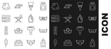 Şişe temizleyicisi, ısı temizleyici, plastik temizleyici, demir ve ütü masası, havlu yığını, su dökülmesi ve ikon için ayarlayın. Vektör