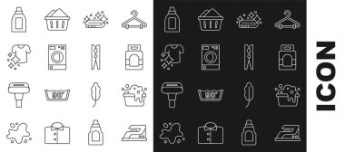 Hat elektrikli ütü, sabun köpüklü leğen, çamaşır deterjanı, havlu yığını, çamaşır makinesi, kurutma giysileri, temizlik malzemesi için şişe ve iğne simgesi. Vektör