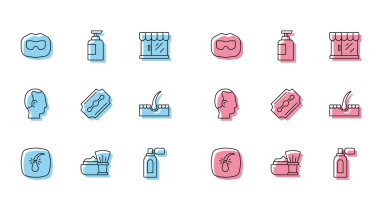 Kırık saç kökü, köpükle tıraş fırçası, bıyık ve sakal, tıraş losyonu, tıraş bıçağı jileti, insan, kellik ve şampuan ikonu. Vektör