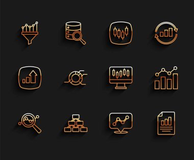 Satır Arama veri analizini, hiyerarşi organogramını, grafikli satış hunisini, grafik bilgisini, belge, pasta, finansal büyüme ve borsa grafik simgesini ayarla. Vektör