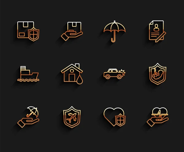 Set line Umbrella in hand, Plane with shield, Delivery security, Life insurance, House flood, and Car icon. Vector —  Vetores de Stock