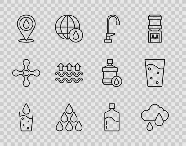 Set line Glass with water, Cloud rain, Water tap, drop, location, Waves of and evaporation, Big bottle clean and icon. Vector — Stockvektor