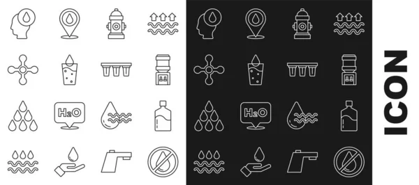 Set line Water drop forbidden, Big bottle with clean water, cooler, Fire hydrant, Glass, tap, and filter icon. Vector — Vetor de Stock